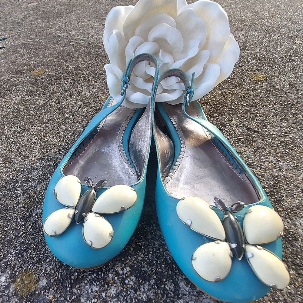 BODEN Teal Leather Butterfly Embellished Sling Back Flats sz 8